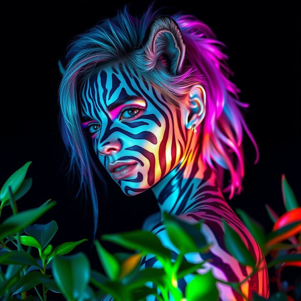 Surreal Neon Goddess Transforms into Iridescent Metallic Fur