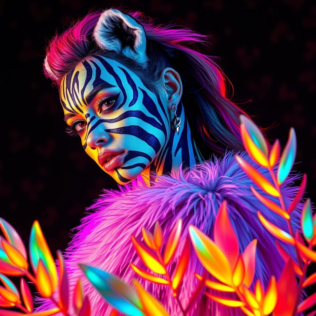 Surreal Neon Goddess Shines with Kaleidoscopic Fur and Avant...