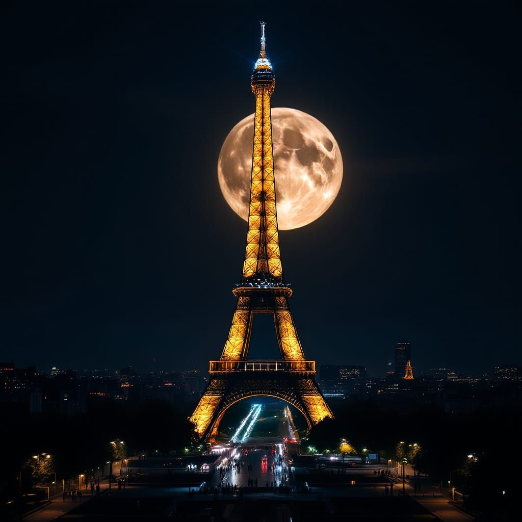 Eiffel Tower at Night with Crescent Moon Backdrop