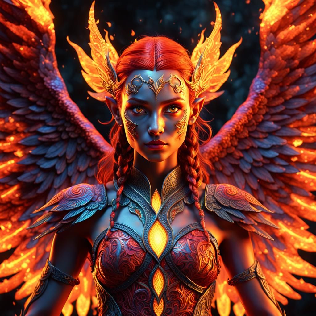 Fiery Elf Portrait with Flame Wings as Digital Art