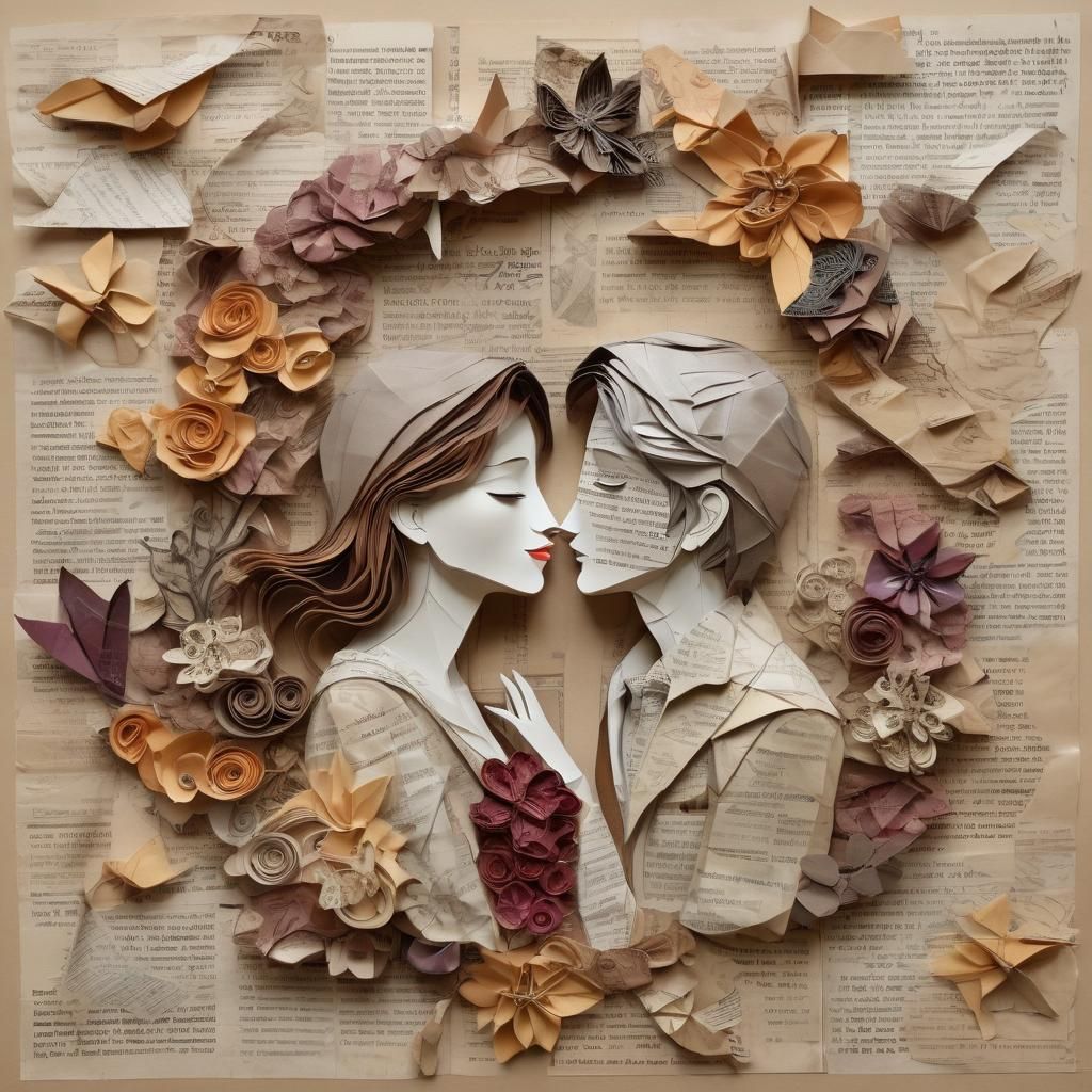 Mixed Media Origami Kissing Couple with Flowers