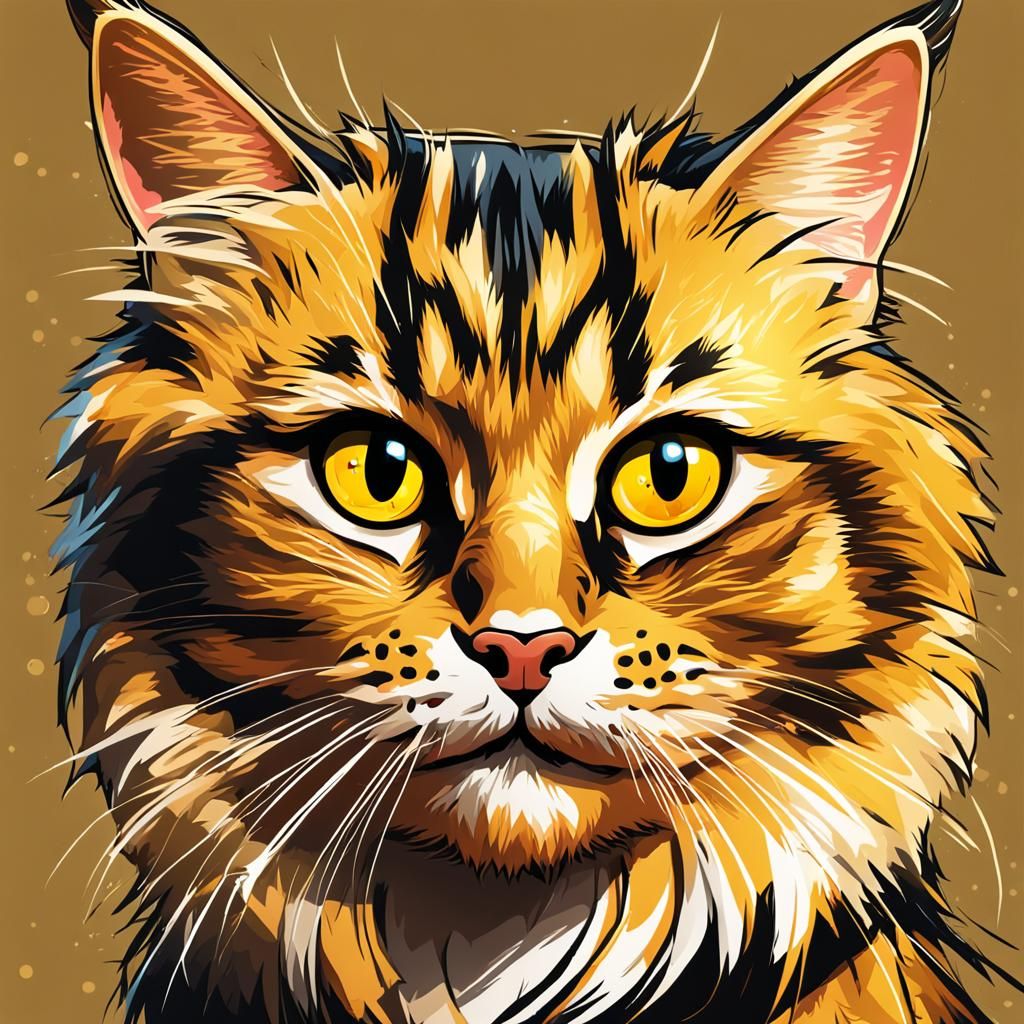Funny Cat Caricature with Gold Highlights