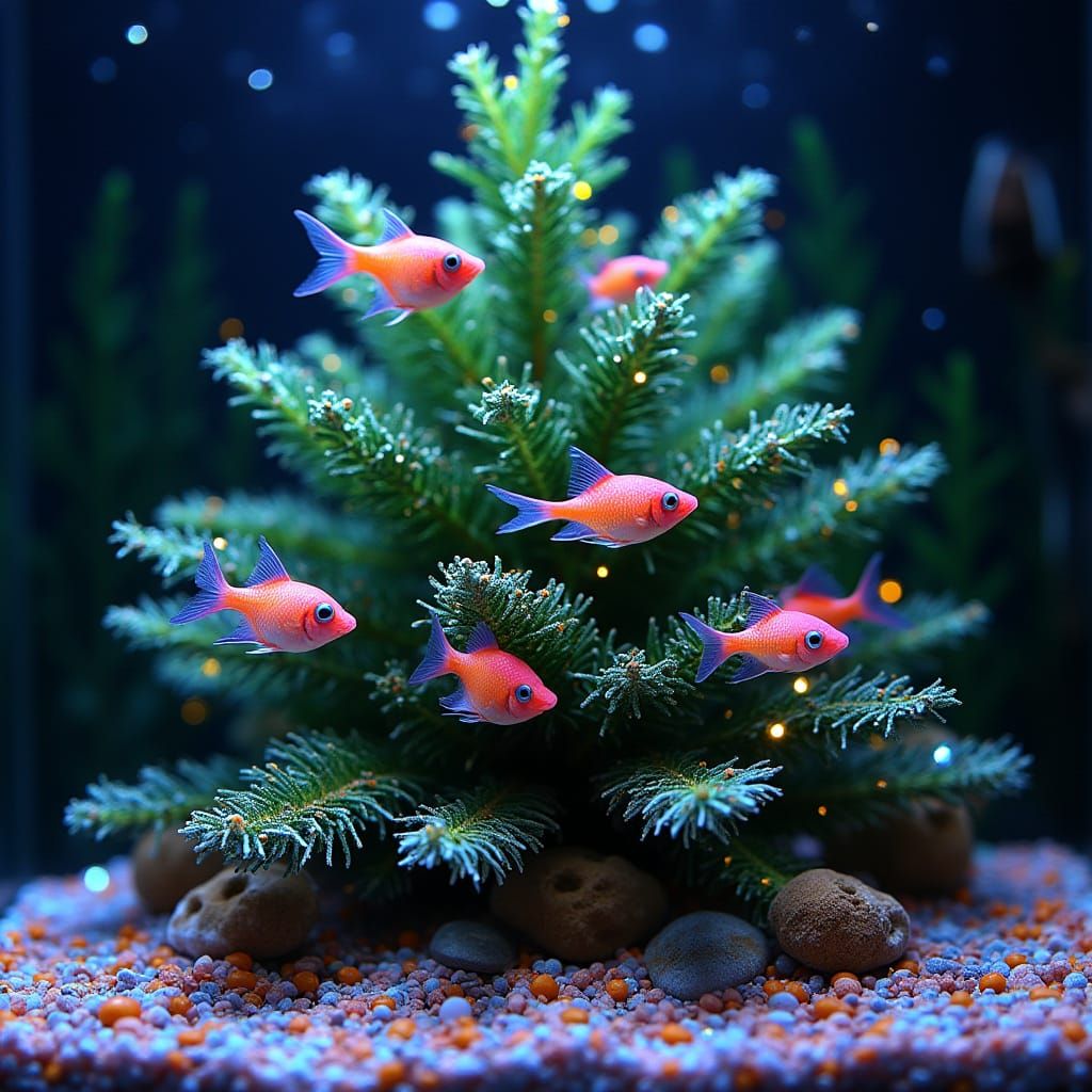 Vibrant GloFish Swim Around Festive Aquarium Christmas Tree