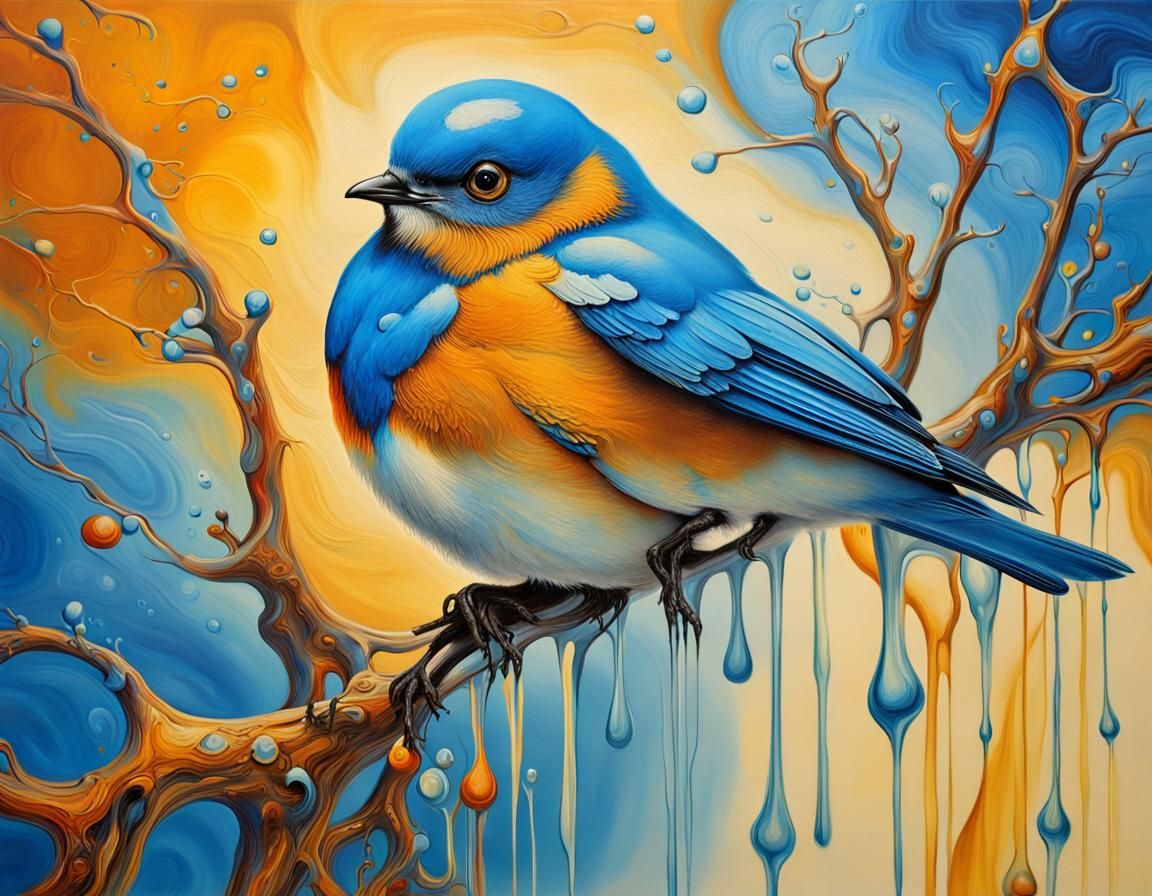 Surreal Bluebird Perched on Melting Fractal Branch