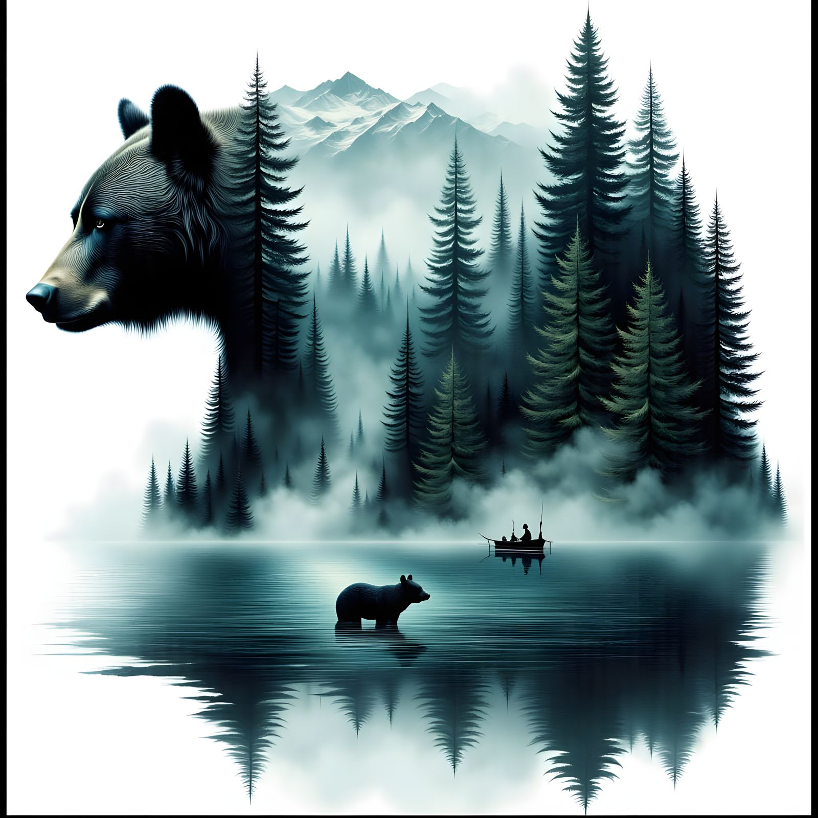 Bear Profile Filled With Forest and Deep Space Backdrop