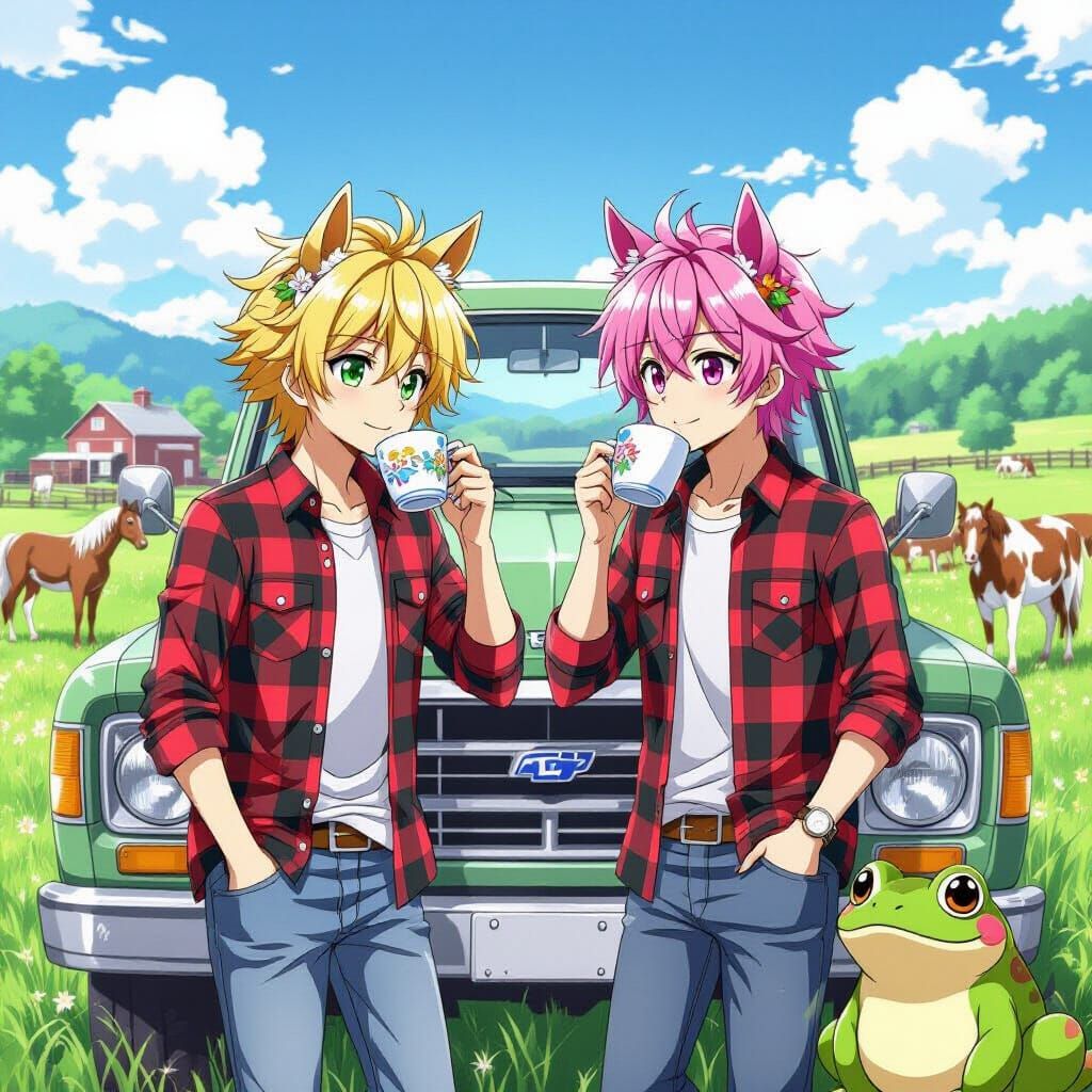Anime Boys with Horse Ears on a Farm, Cel-Shaded Style