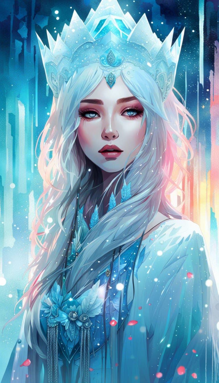 Anime Ice Queen Portrait in Watercolor Style