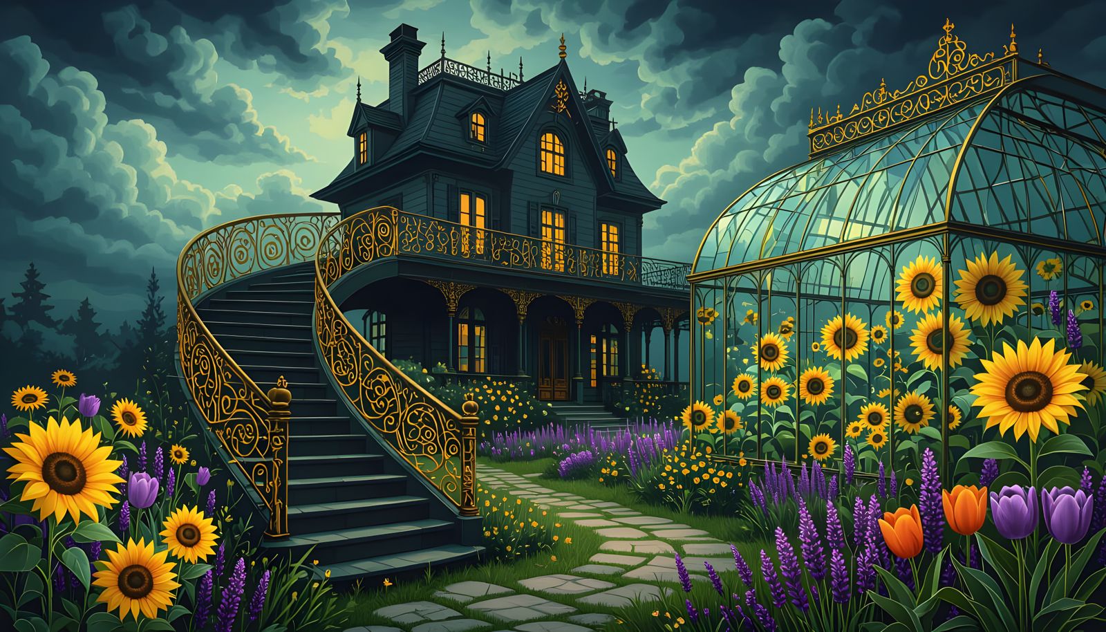 Kaleidoscopic Garden with Mansion and Eerie Creatures