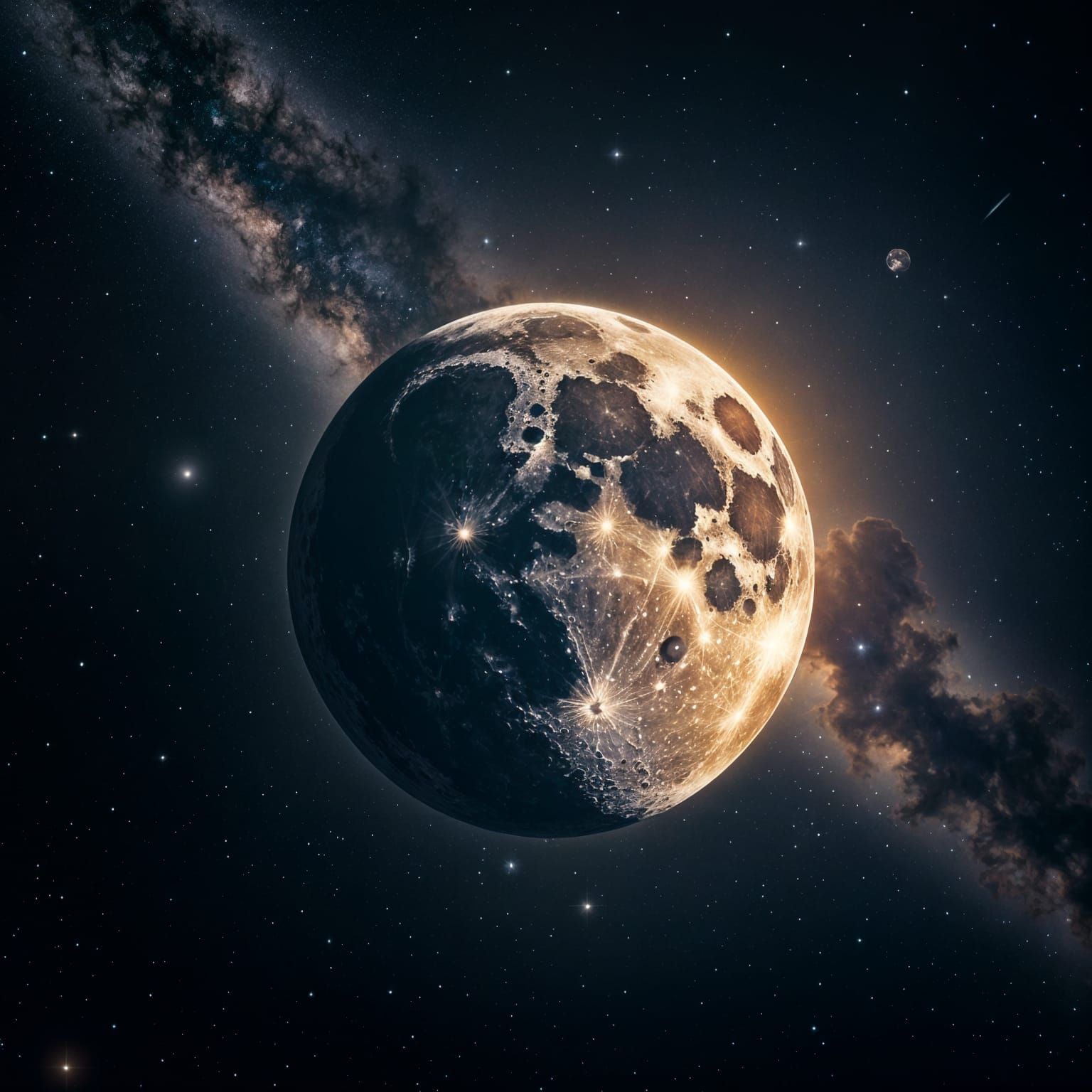 Photorealistic Moon and Milky Way in Space