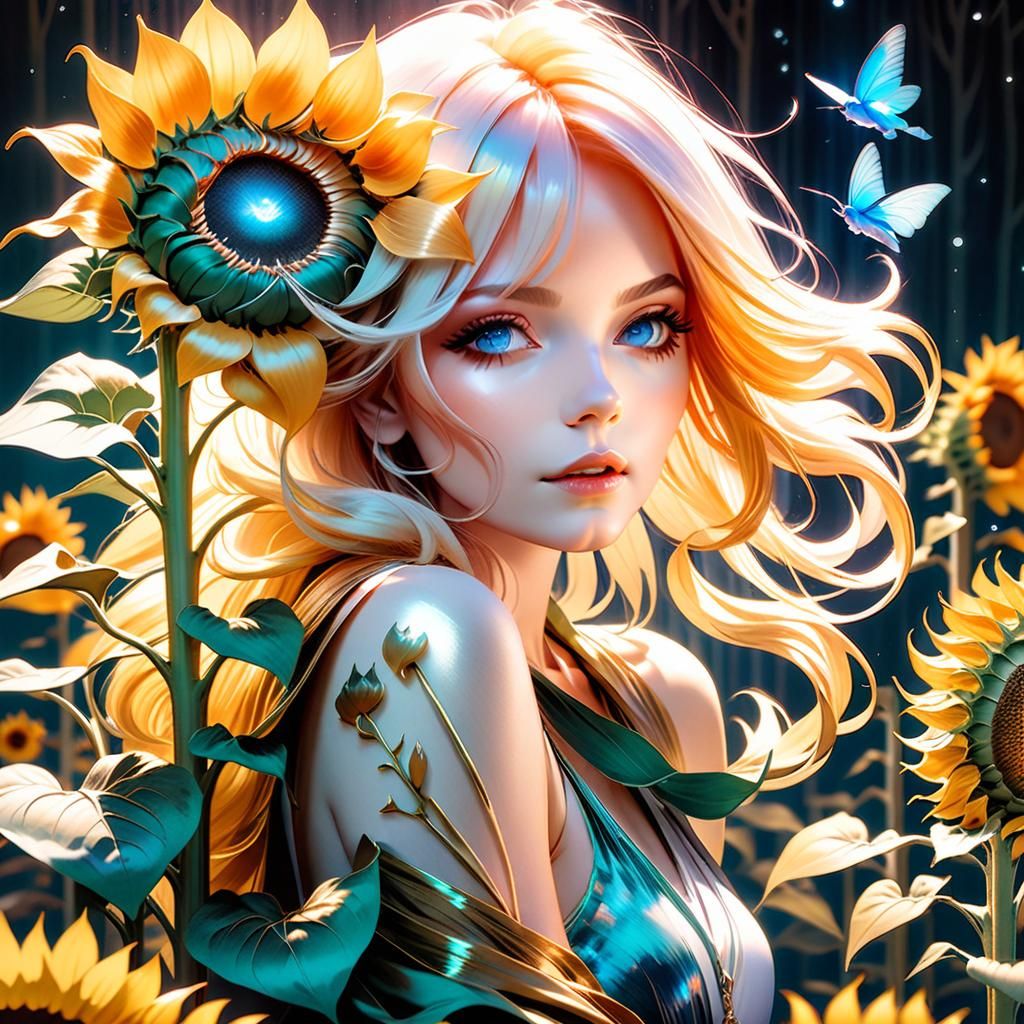 Wood Sprite in Sunflower Field: Cel-Shaded Anime Style