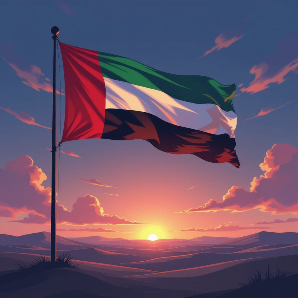 UAE Flag in Dark Manga Style with Cinematic Lighting