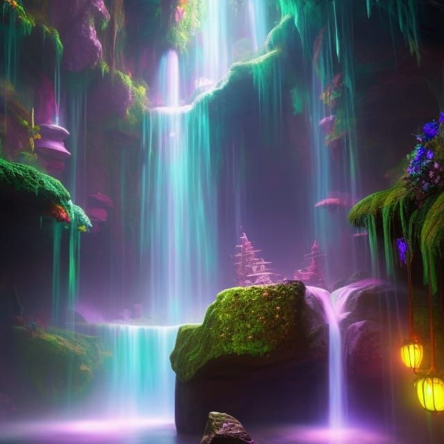 Enchanted Underground Waterfalls in Anime Style