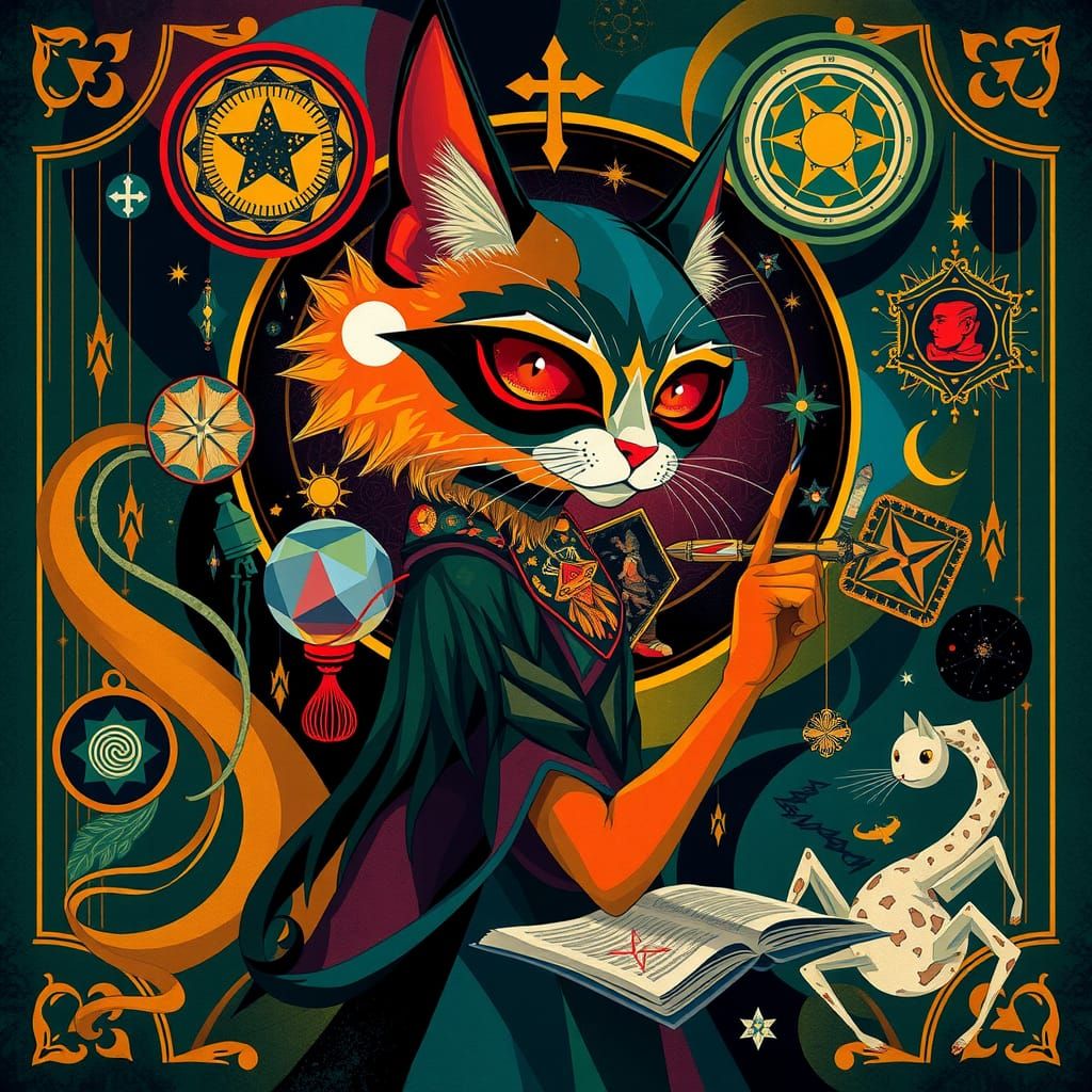 Mystical Cat Girl Creates Cubist Tarot Card