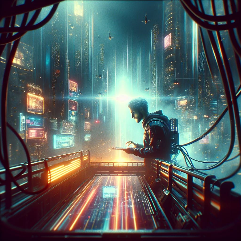Cyberpunk Netrunner Immersed in Cyberspace