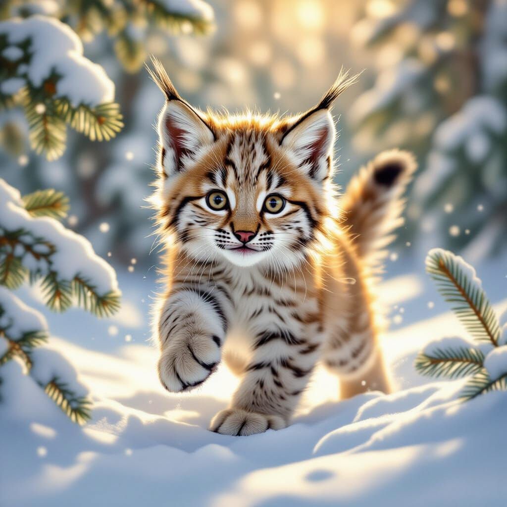 Fluffy Baby Lynx Cub Pouncing in Snowy Forest