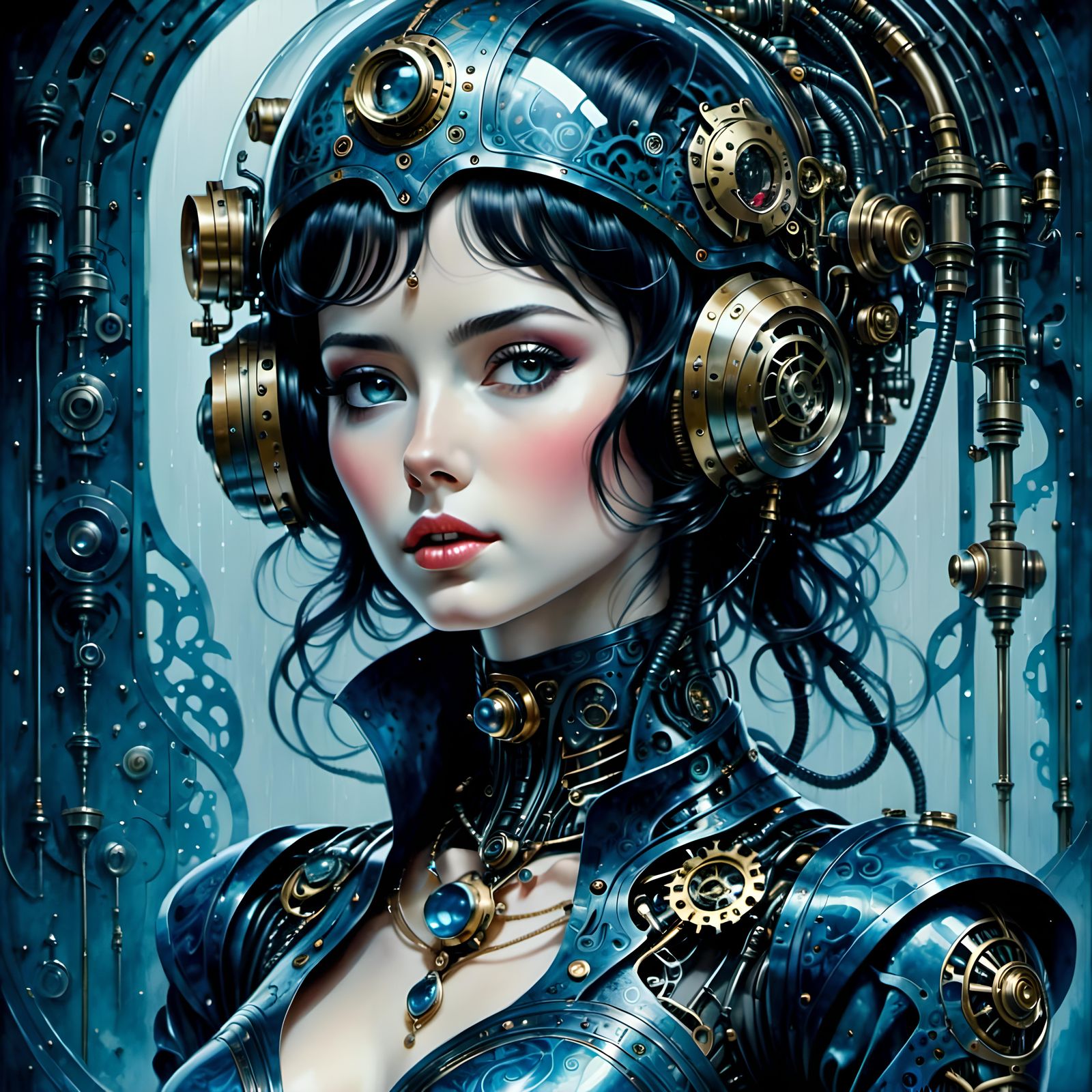 Gothic French Woman in Rainy Submarine Watercolor