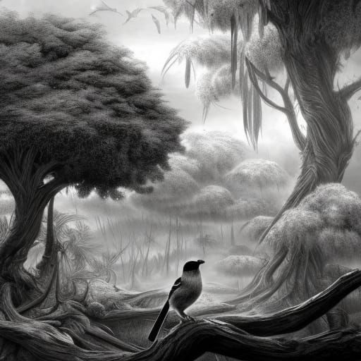 Detailed Charcoal Sketch of Birds on Tree