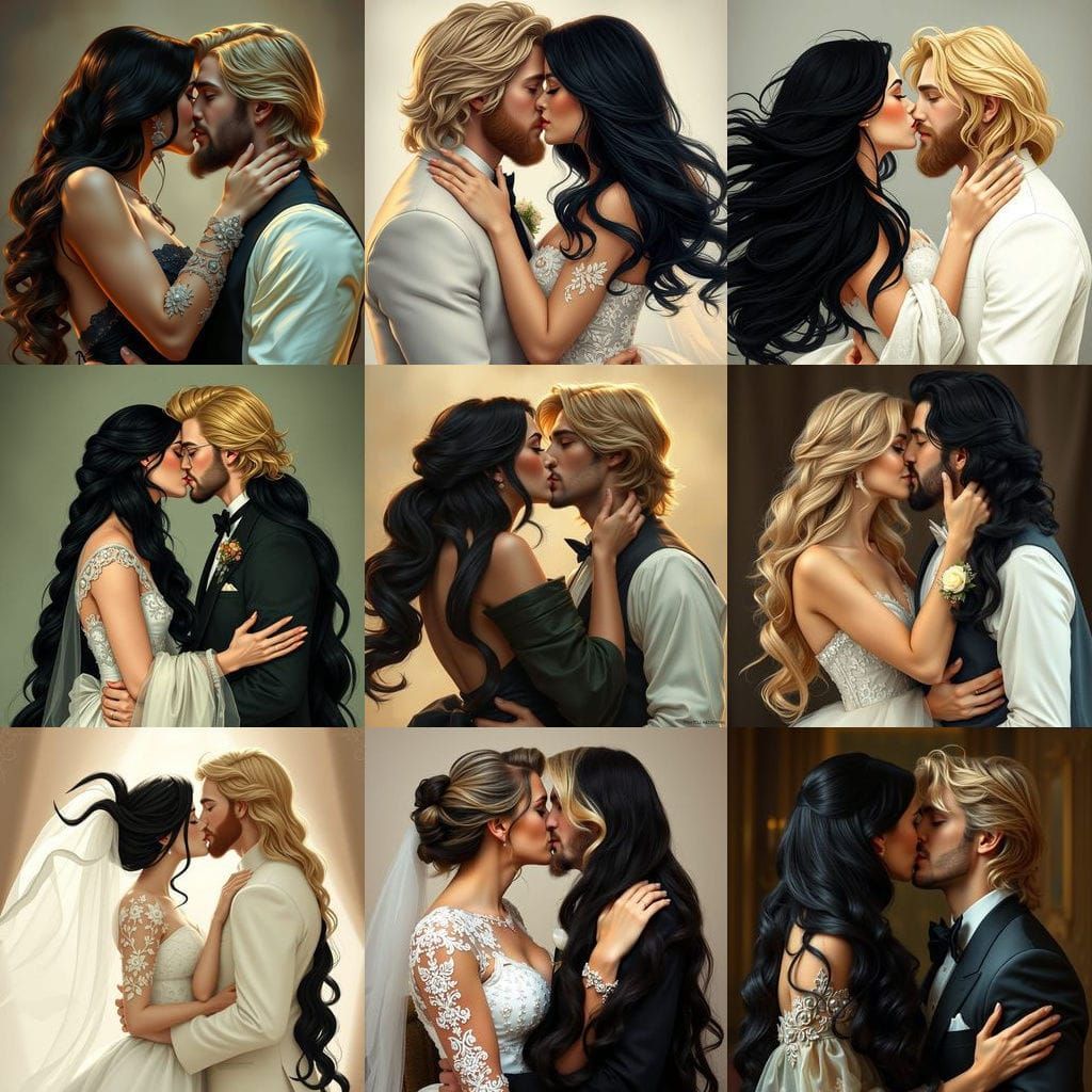 Bride with Long Black Hair Kisses Blond Groom