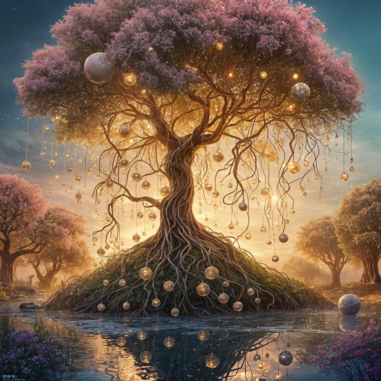 Enchanted Forest with Glowing Orbs and Crystal Vines