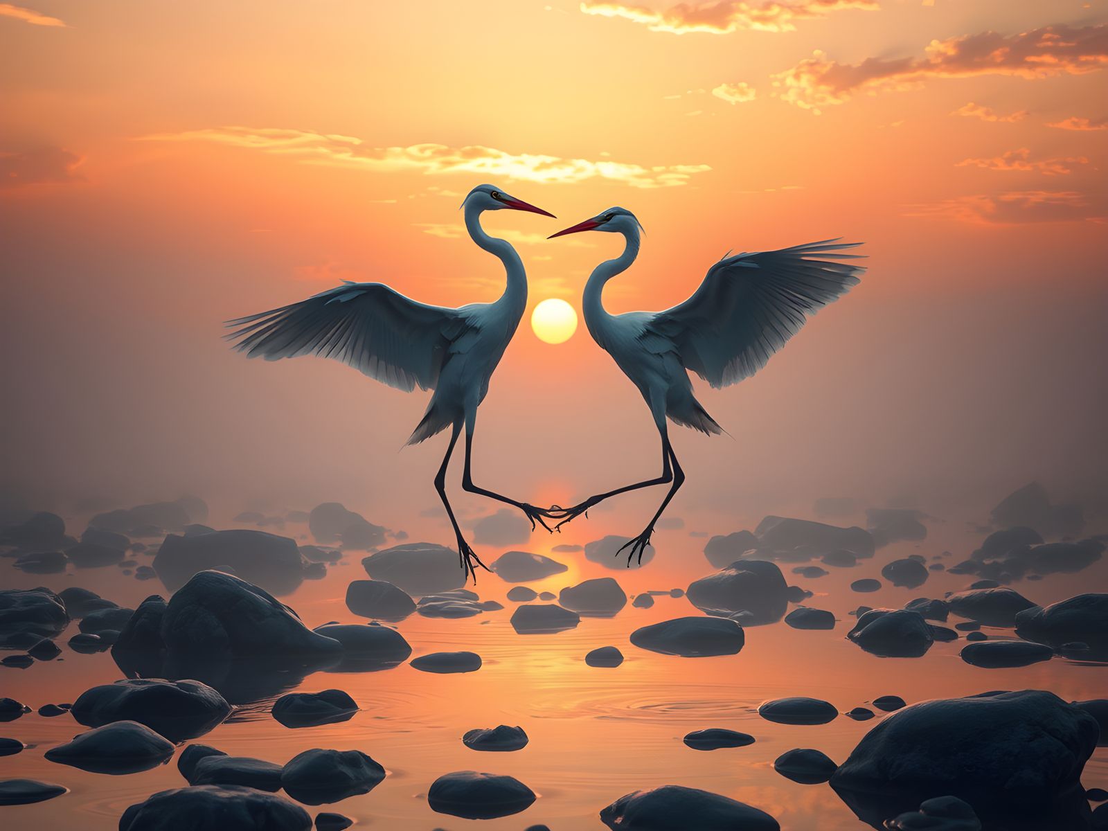 White Herons Dancing at Sunset Over Lagoon