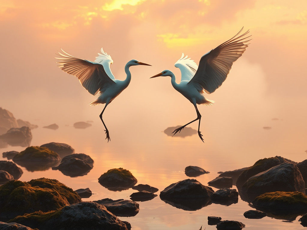 Herons Dancing in Sunset Light: a Digital Painting