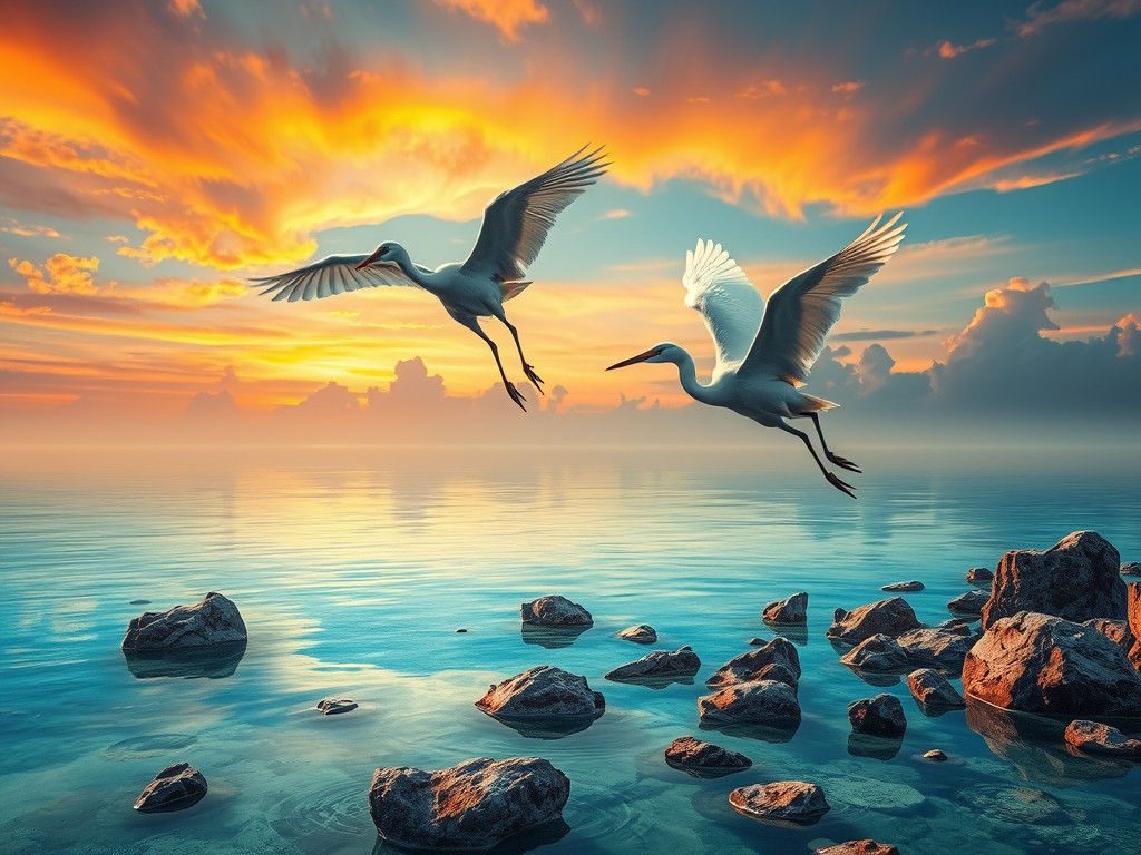 Herons Dancing Above Mystical Lagoon at Sunset