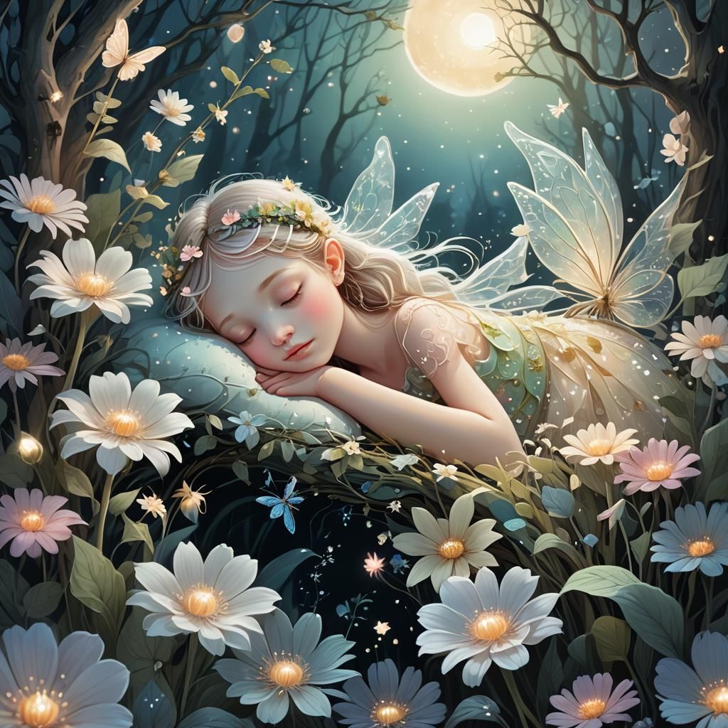 Fairy Sleeping in Magical Flower, Fantasy Illustration