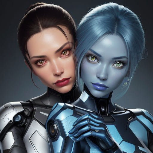 Two Cyberpunk Female Robots Smile into the Camera