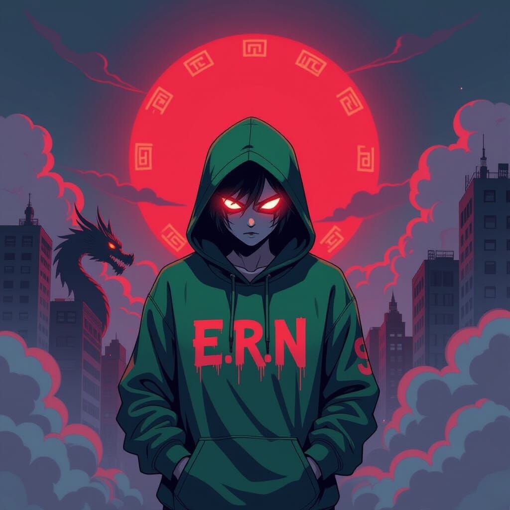 Mysterious Urban VTuber Character with Glowing Eyes