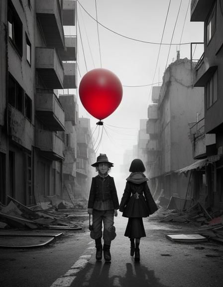 Cubist Toddler in War-Torn City with Red Balloon