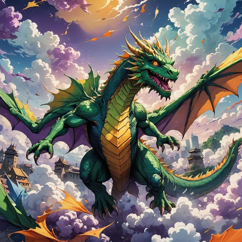 Green Dragon Strikes Textile Patches in Anime Style