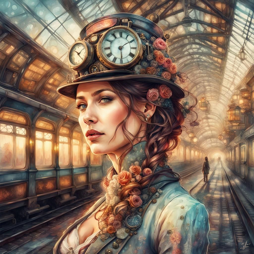 Steampunk Woman in Train Station: Digital Watercolor