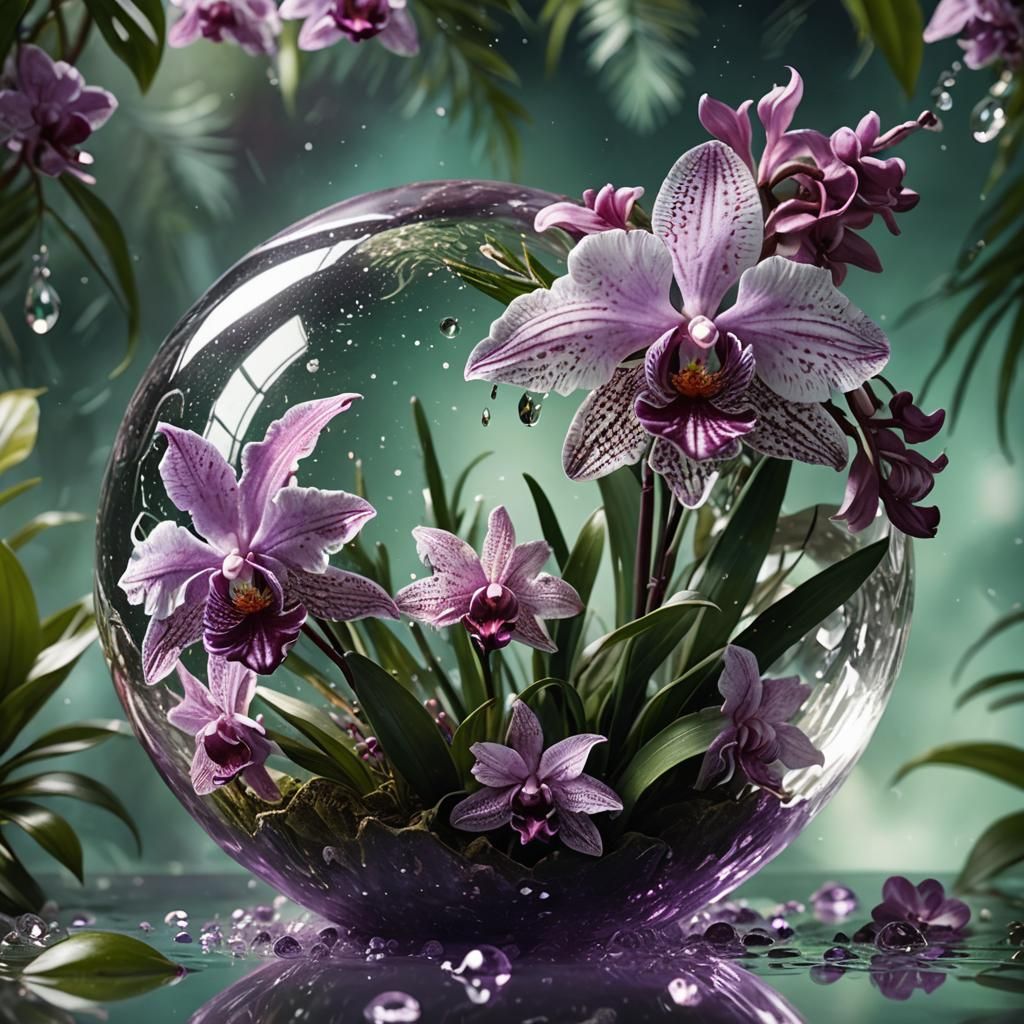 Orchid in Crystal Sphere: Hyperrealistic Splash Art