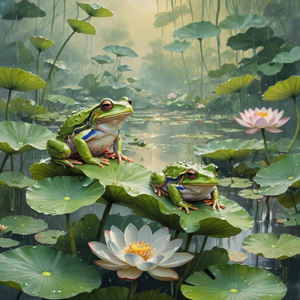 Tree Frogs on Lotus Leaves: Impressionist Digital Painting