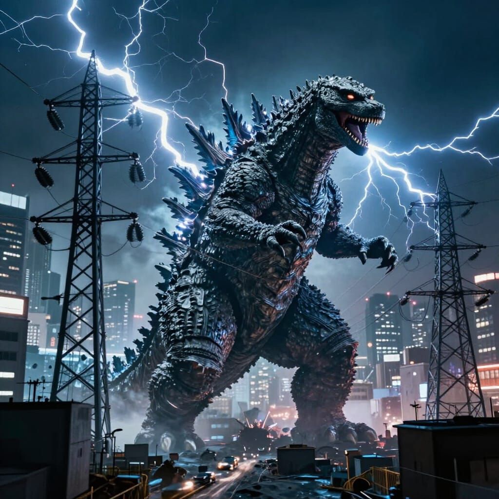 Godzilla Destroys Tokyo Power Grid in Hyperrealistic Style