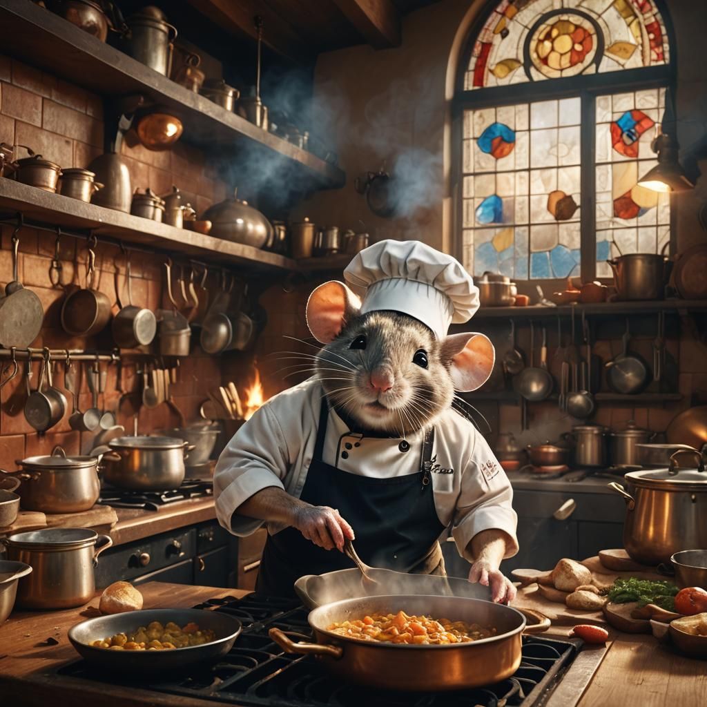 Mouse Chef Cooking in Magical Kitchen, Digital Painting
