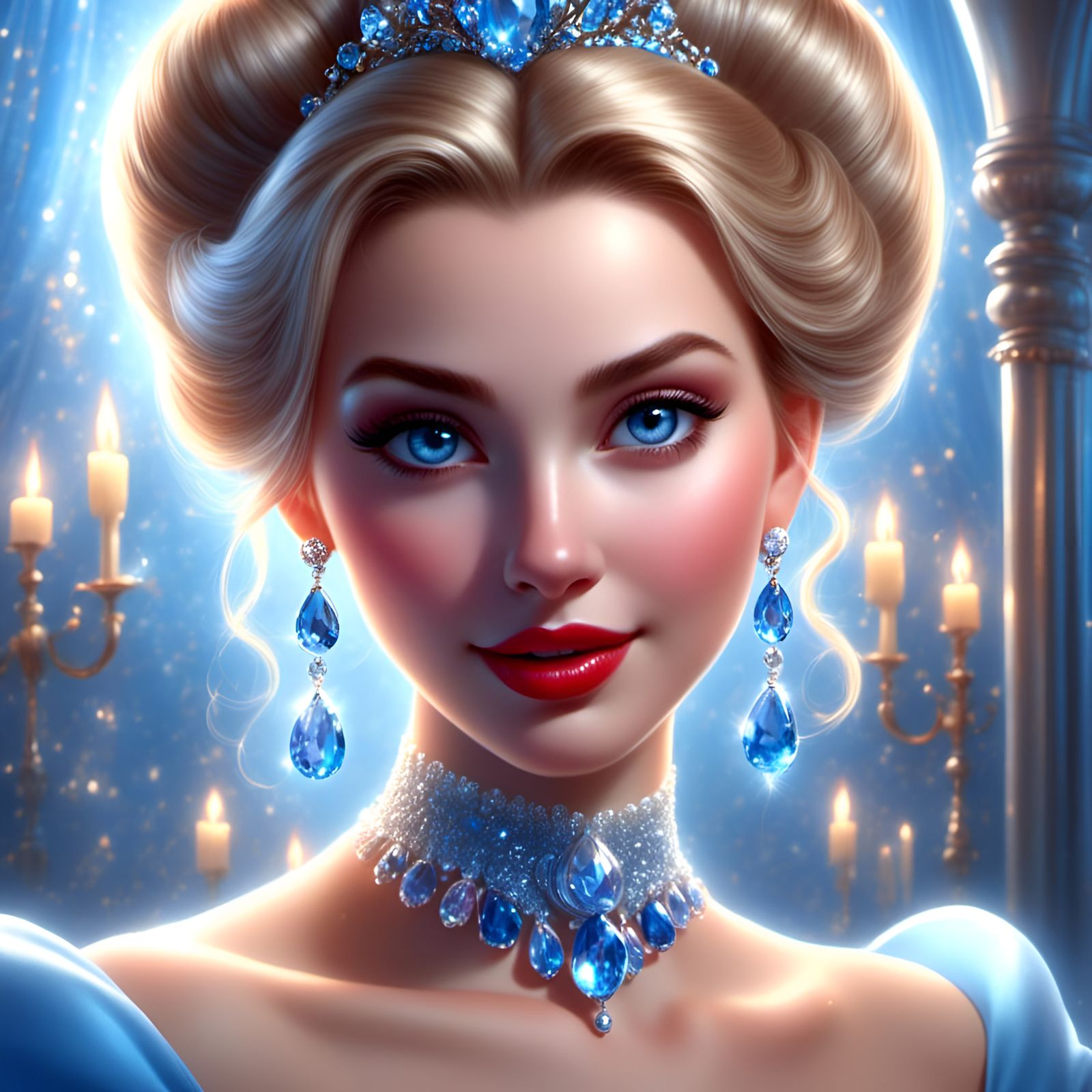 Gorgeous Cinderella with Blue Jewels, 3D Render