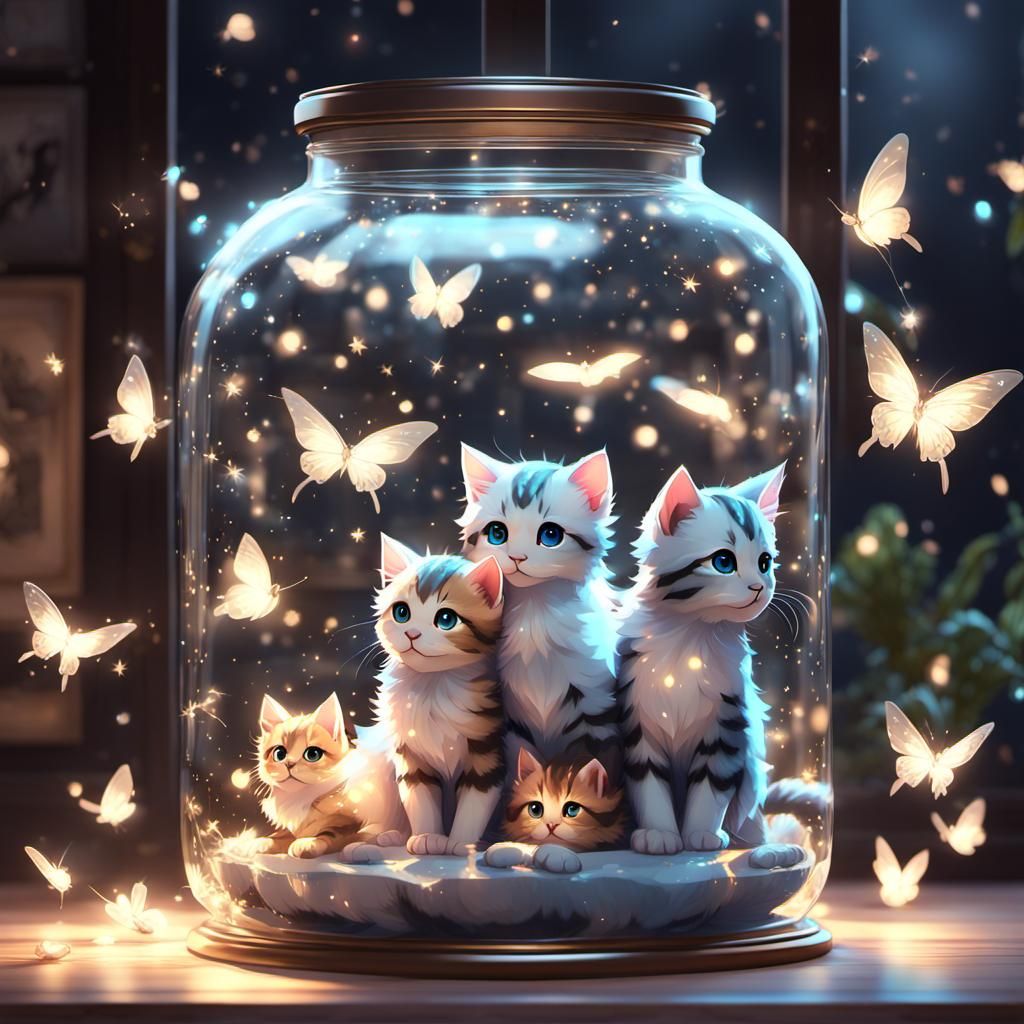 Winged Kittens in Twinkling Jar: 3D Anime Art