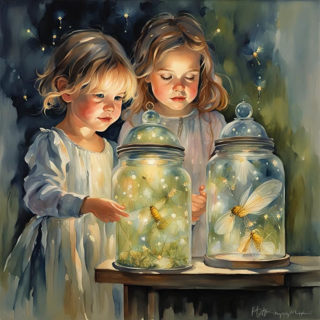 Watercolor Children Catching Fireflies at Night