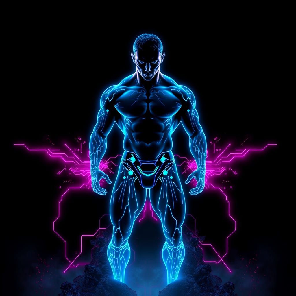 Chiseled Futuristic Athlete in Radiant Neon Cyan