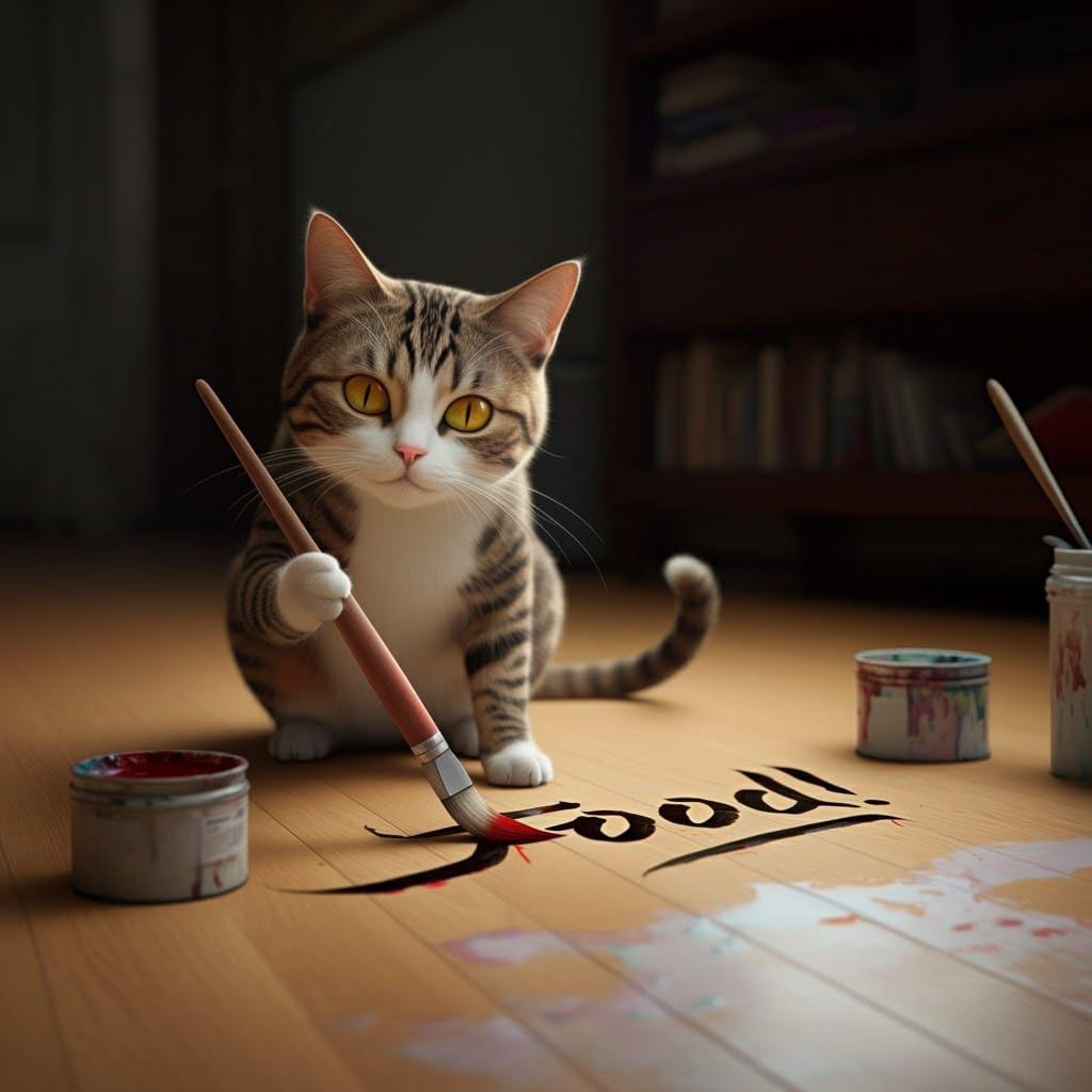 Cat Paints 'Food!' Calligraphy in 3D