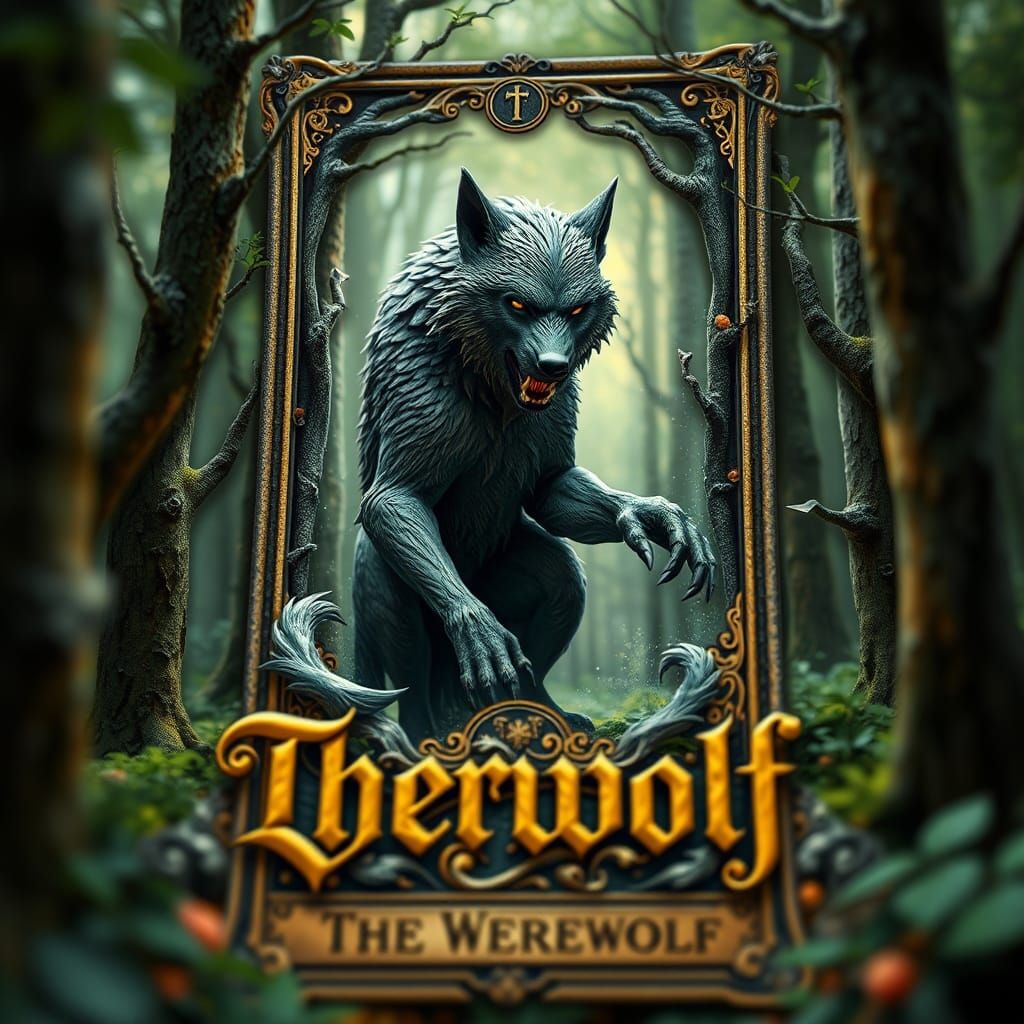 Werewolf Exiting Tarot Card in Magical Forest
