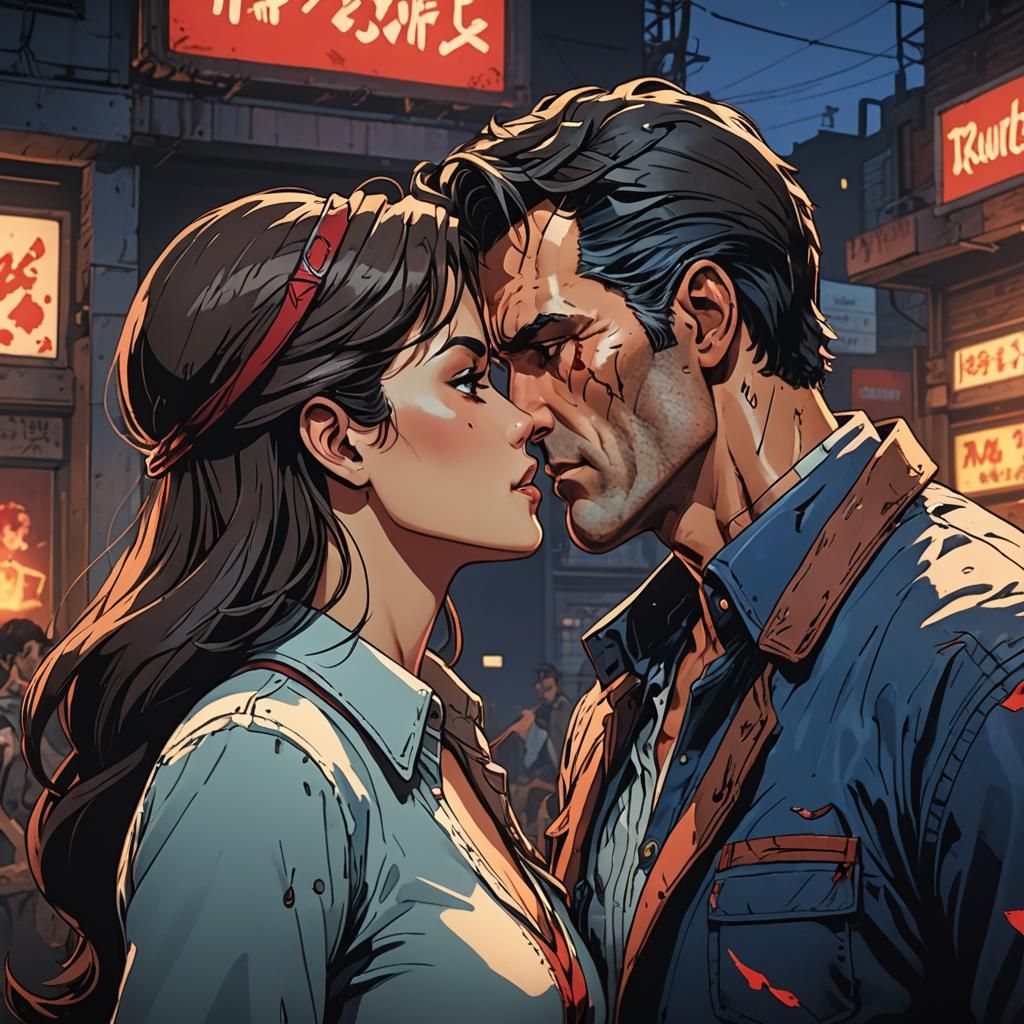 Ash Williams Kiss in Anime Cel-Shaded Style