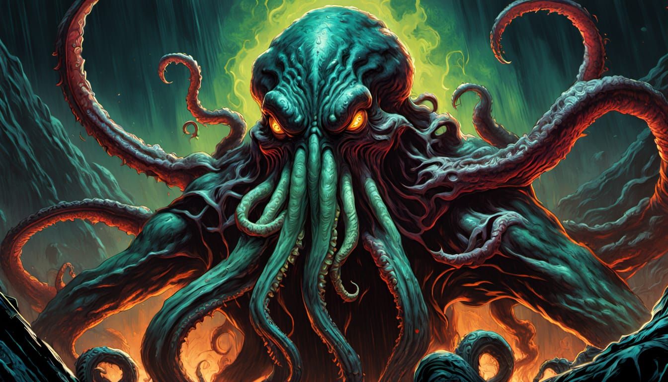 Cthulhu and Demons Celebrate in Comic Book Art Style