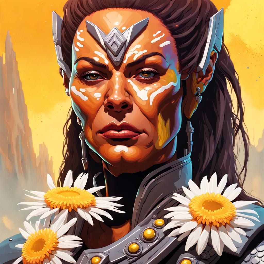 Klingon Warrior with Daisies: Hyperrealistic Splash Art