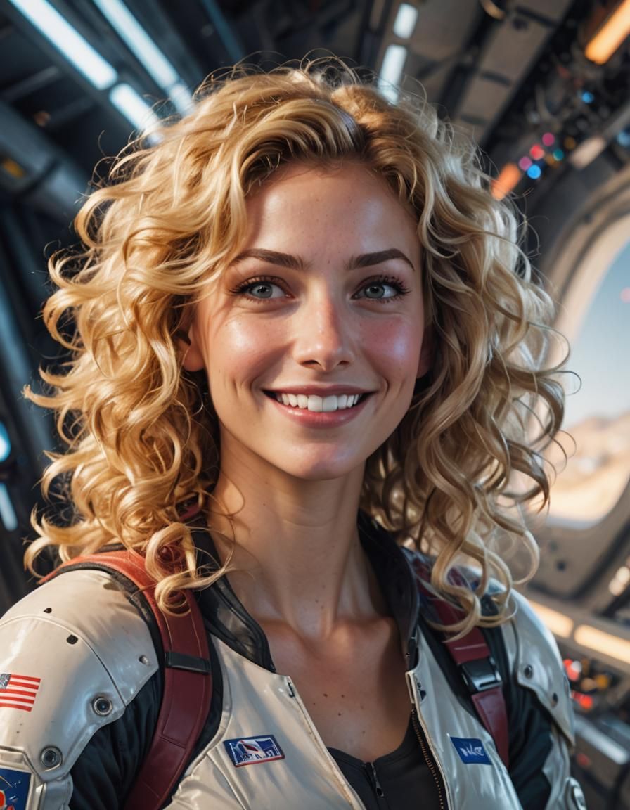 Humorous Woman Smiles in Spaceport