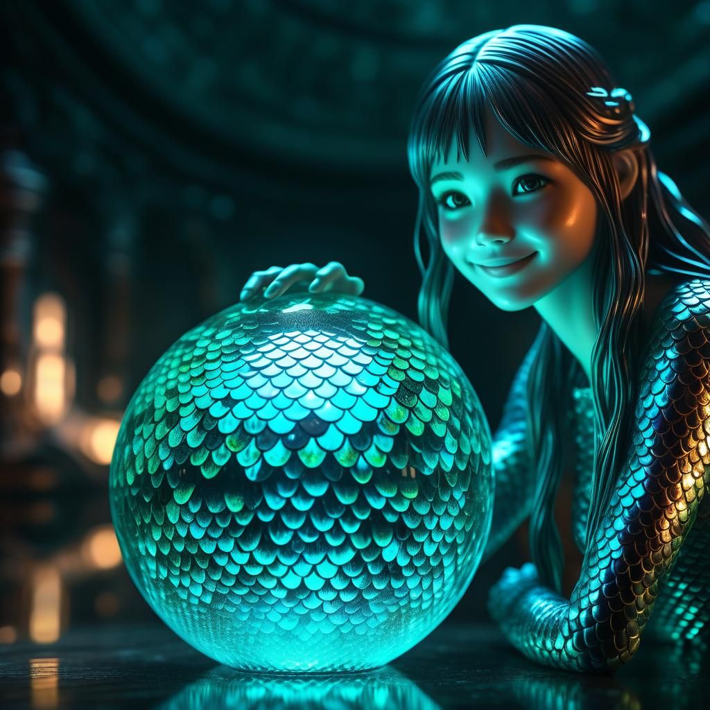 Luminous Cyber Mermaid in Glass Orb, Hyperrealistic