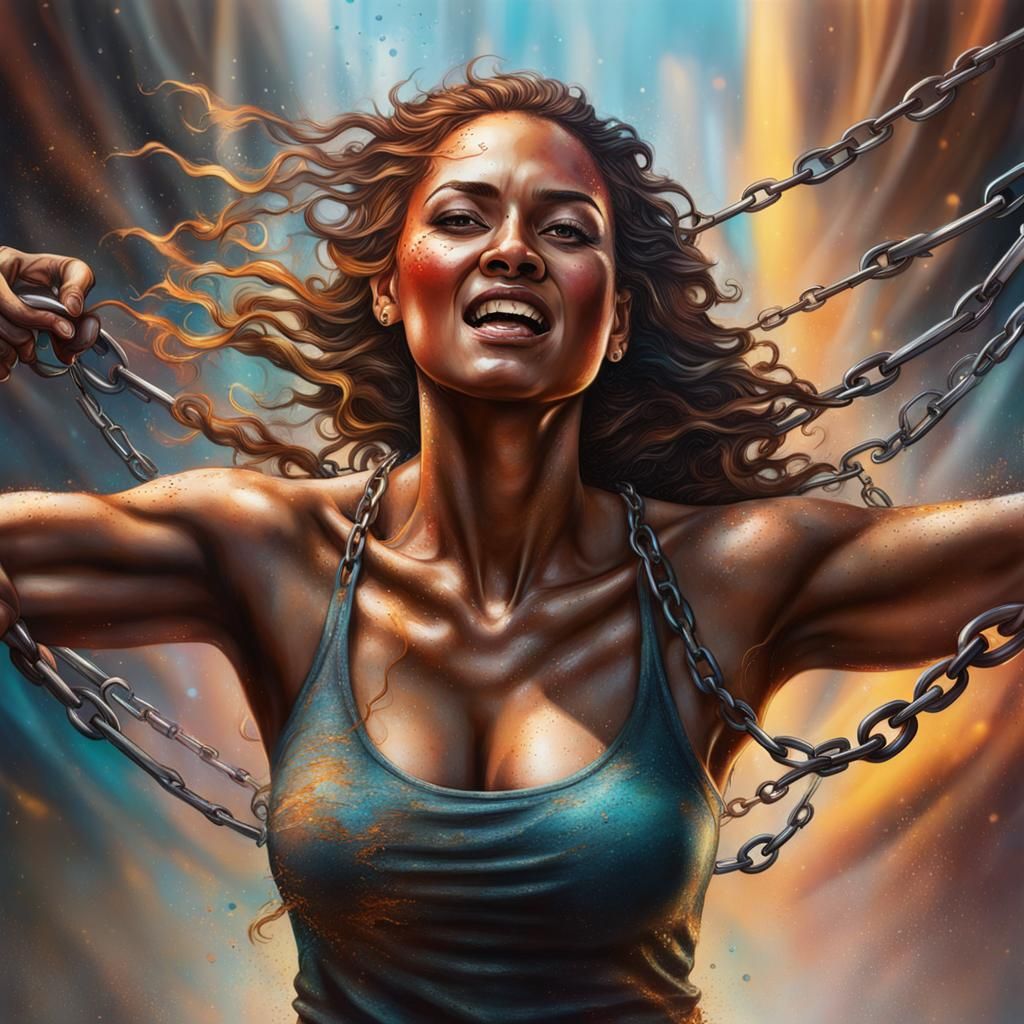 Woman Breaks Chains: Hyperrealistic Splash Art