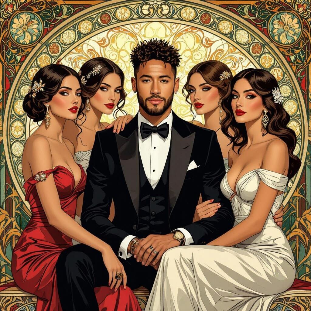 Neymar in Art Nouveau Style with Elegant Women