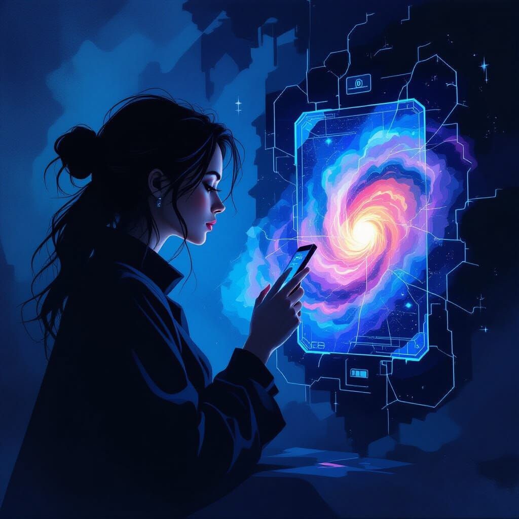 Abstract Woman Views Cosmic Nebula on Cracked Retro Phone